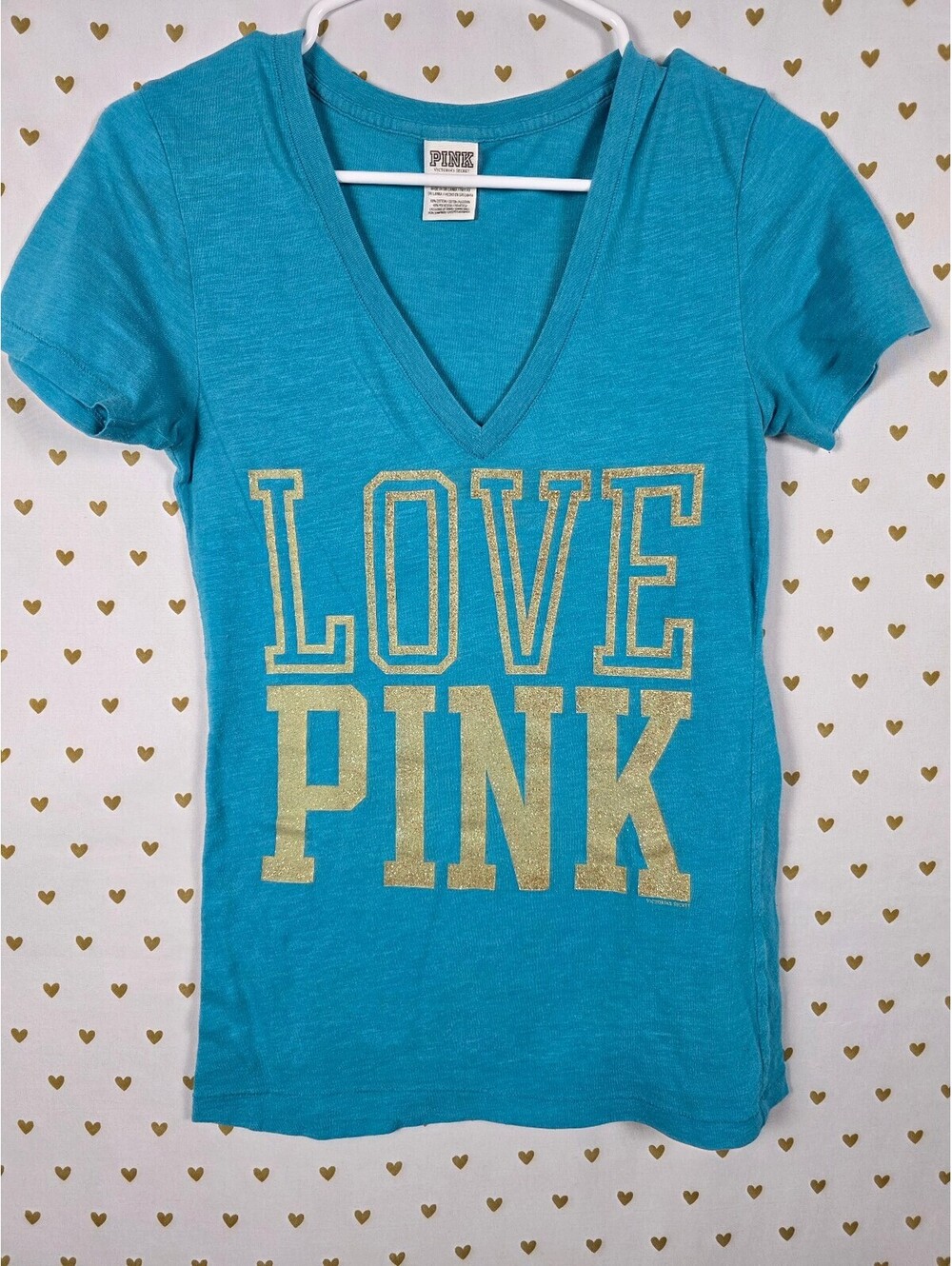 Victorias Secret PINK Vintage BLING V neck Gold Glitter Tee shirt y2k XS